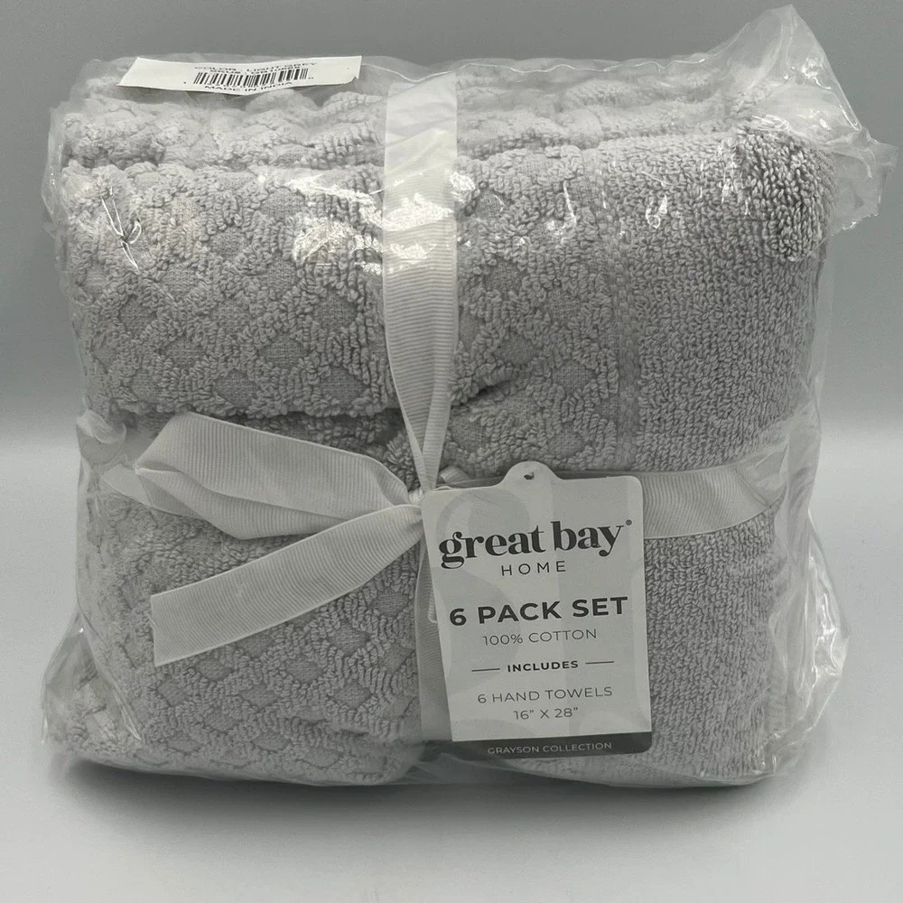 Great Bay Home Grayson Hand Towels 6 Pack Light Gray 16x28 New